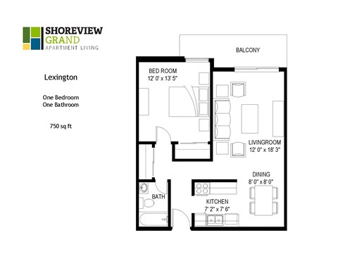 Floor plan for 1 bed, 1 bath, 750 sqft